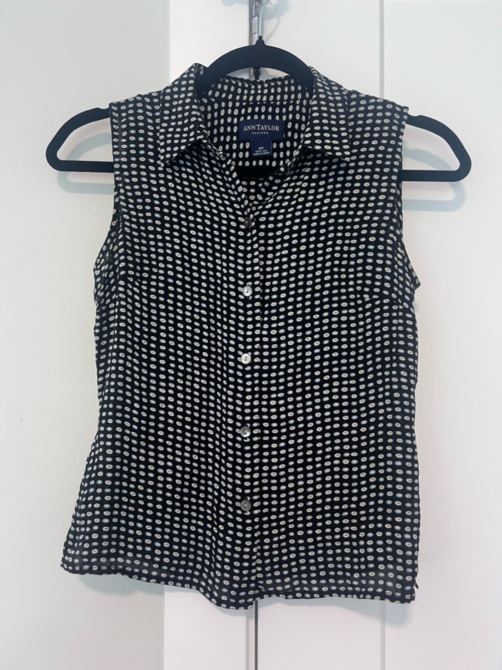 Vintage Ann Taylor Black Sleeveless Button-Front Blouse with White Dot Print
